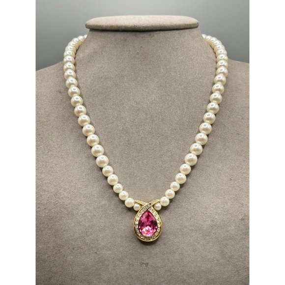 Signed Marvella Pearls Necklace with Pink Stone & Rhinestones Accents Gold Tone - Picture 2 of 12